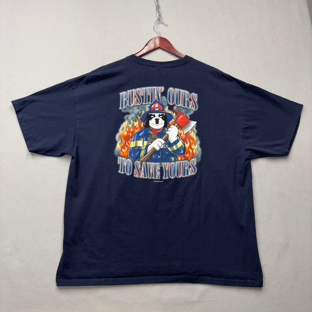 Big Dogs T Shirt Mens XXL Navy Blue Firefighter Bustin Ours To Save Yours Y2K